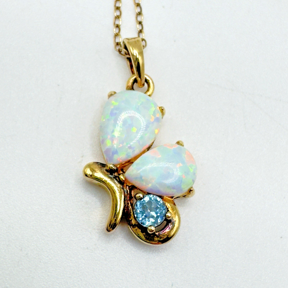 Opal Blue Topaz Butterfly Necklace 18K Vermeil Sterling Silver 18" Feminine - Picture 3 of 9